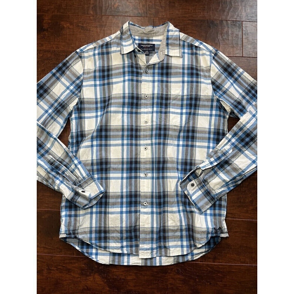 Mens American Eagle Blue Plaid Button Down Shirt Size Large